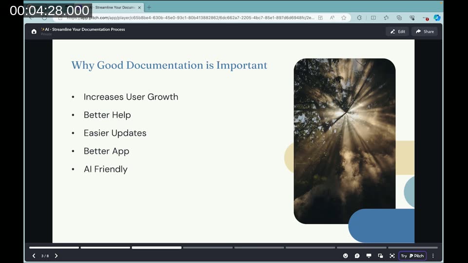 Slide listing five reasons why good documentation is important: increases user growth, better help, easier updates, better app, and AI friendly