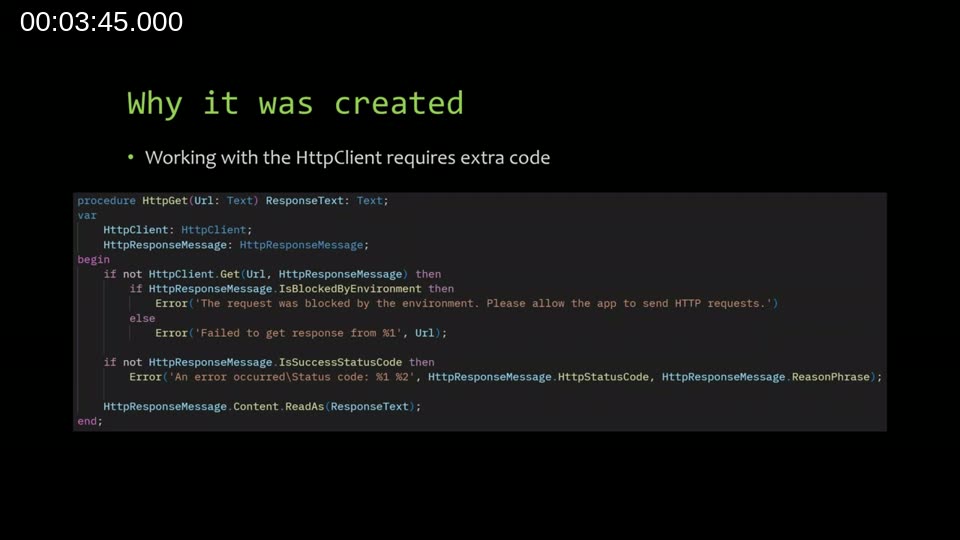 Slide showing the standard HttpClient boilerplate code in AL that the Rest Client was designed to replace