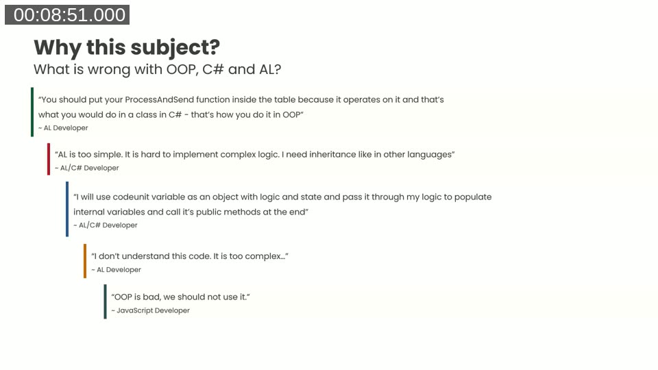 Slide showing common quotes from AL, C#, and JavaScript developers about OOP misconceptions