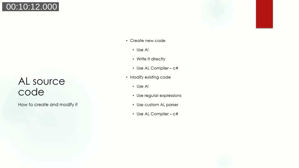 Slide listing options for creating and modifying AL source code: AI, direct writing, regex, custom parser, and the AL compiler