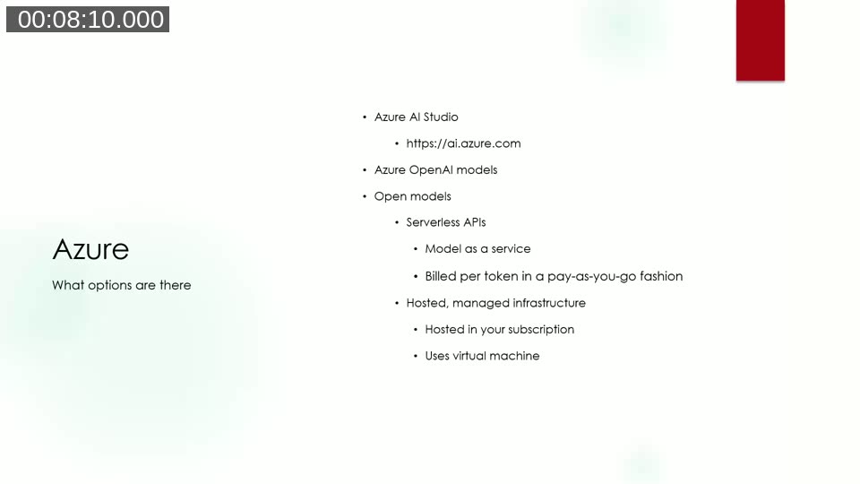 Slide showing Azure AI deployment options: Azure AI Studio, Azure OpenAI models, open model serverless APIs billed per token, and hosted managed infrastructure running on a virtual machine
