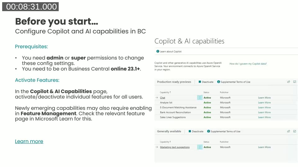 Slide showing prerequisites and the Copilot & AI Capabilities page in Business Central with Chat, Analyse list, E-Document Matching, Bank Account Reconciliation, and Sales Lines Suggestions listed as Active