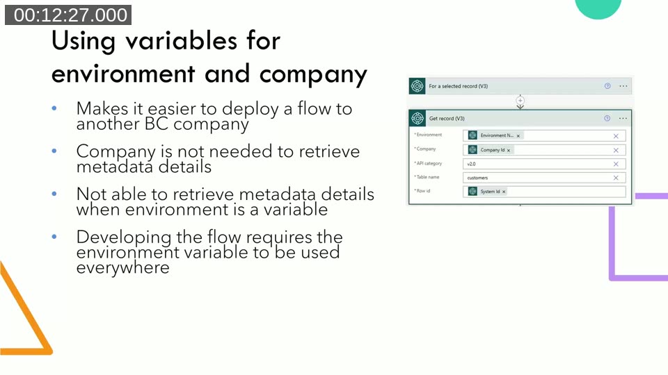 Slide showing the trade-offs of using dynamic environment and company variables in Power Automate Business Central steps