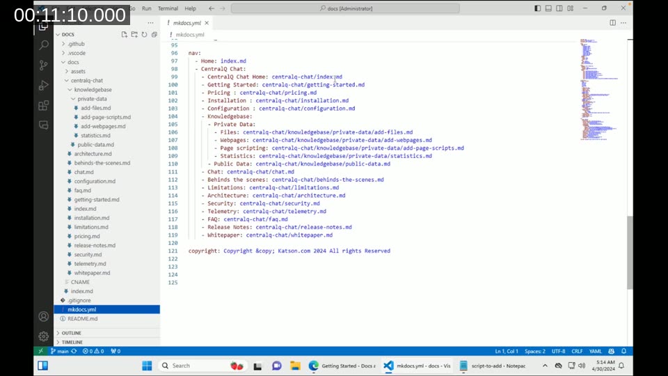 VS Code showing the mkdocs.yml navigation section with nested YAML structure mapping page titles to Markdown files
