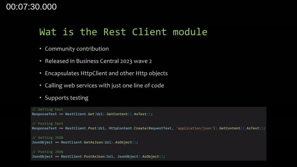 Slide summarising what the Rest Client module is: a community contribution released in BC 2023 wave 2 that encapsulates HttpClient and supports calling web services with a single line of code