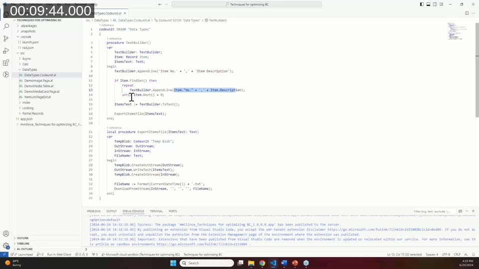 VS Code showing the TextBuilder demo codeunit that appends item number and description rows before converting to text