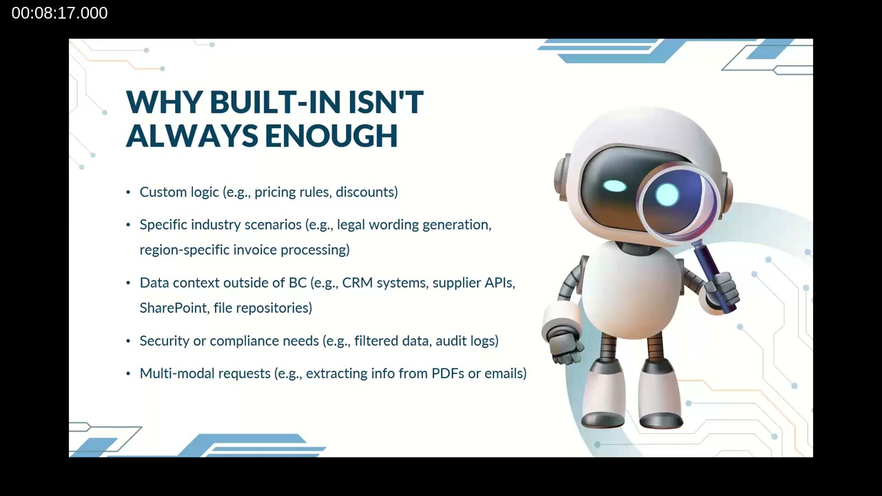 Slide: Why Built-In Isn't Always Enough — listing custom logic, industry-specific scenarios, external data context, security/compliance needs, and multi-modal requests as reasons to extend beyond native BC AI capabilities