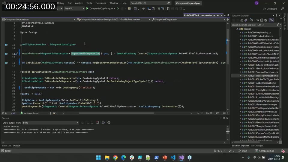 Visual Studio showing the CompanialCop analyzer's Rule0013ToolTipPunctuation C# class with SupportedDiagnostics and Initialize overrides registering a syntax-node action for page fields and page actions