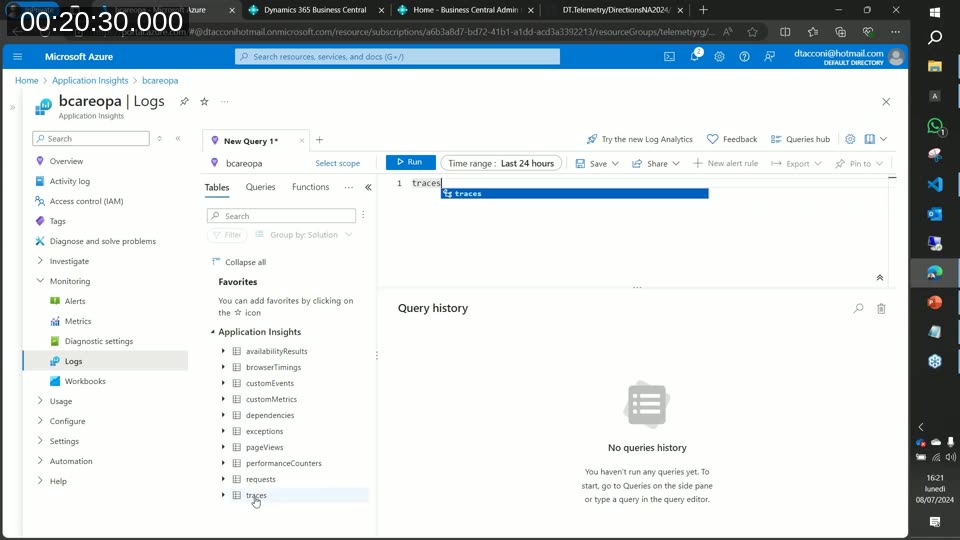 Application Insights Logs query editor in the Azure portal, showing the traces table selected and a KQL query being composed