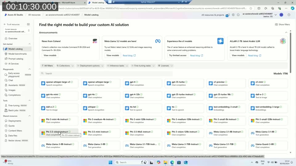 Azure AI Studio model catalog showing GPT-4o, GPT-3.5-turbo, Phi-3 Mini, Meta Llama, and hundreds of other models available for deployment