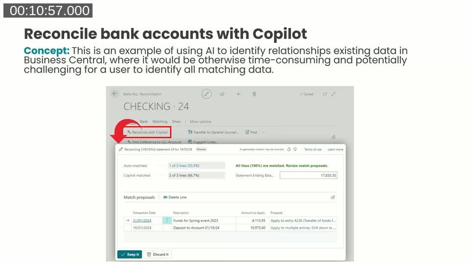 Slide and screenshot showing the Reconcile with Copilot button on a bank account reconciliation page, with match proposals for two transactions