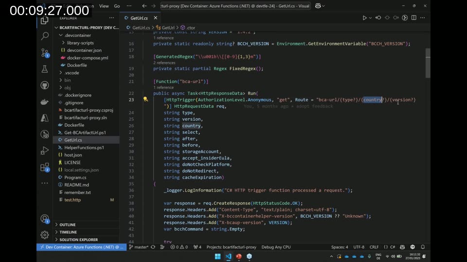 VS Code showing the GetUrl.cs Azure Function source code with route parameters for type, country, and version