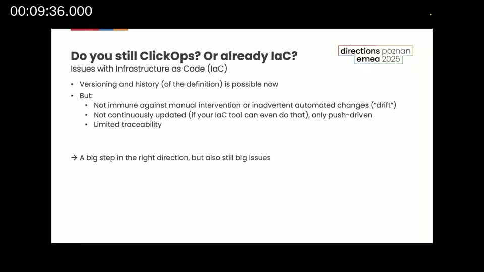 Slide listing the limitations of Infrastructure as Code: drift, push-only updates, and limited traceability
