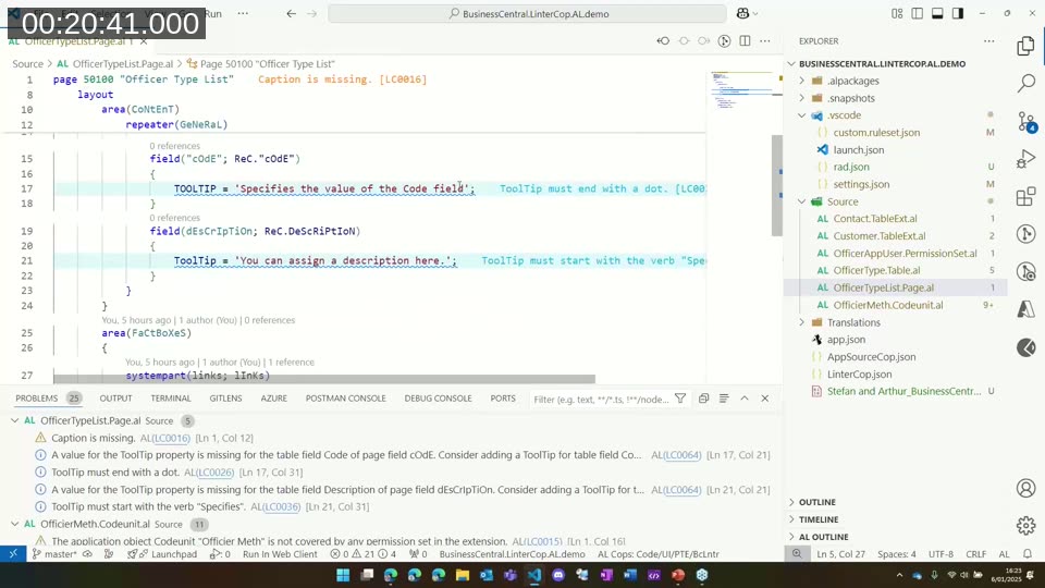 VS Code showing LinterCop diagnostics on an AL page file, including casing warnings and tooltip rule violations.