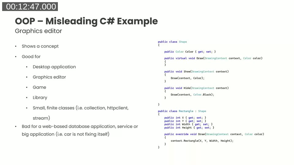 Slide showing C# Shape and Rectangle class inheritance — good for desktop apps, misleading for web-based database applications