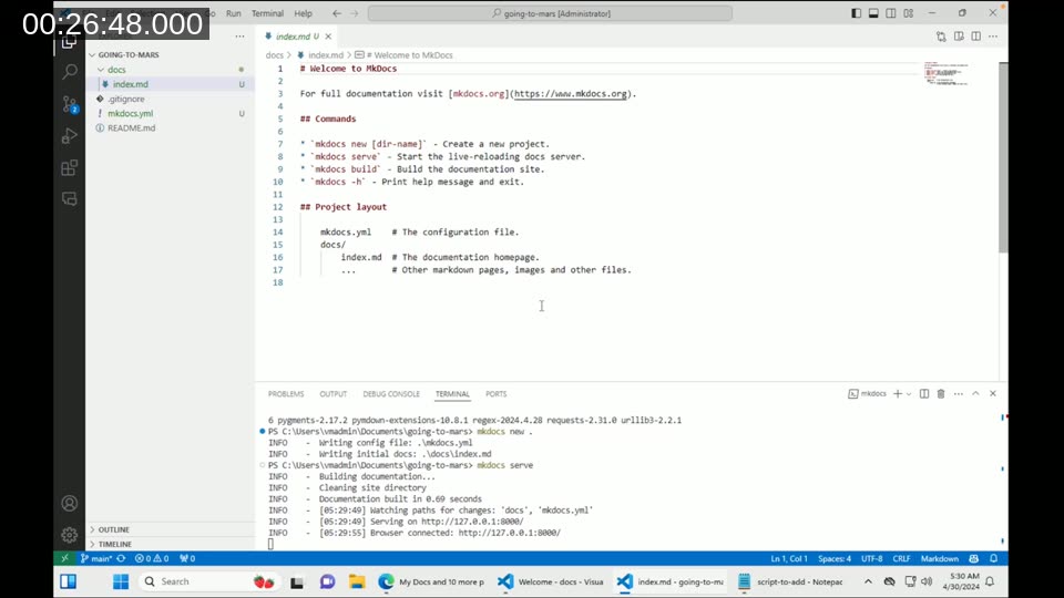 VS Code editor showing the default index.md after running mkdocs new, with the terminal output from mkdocs serve running on localhost:8000