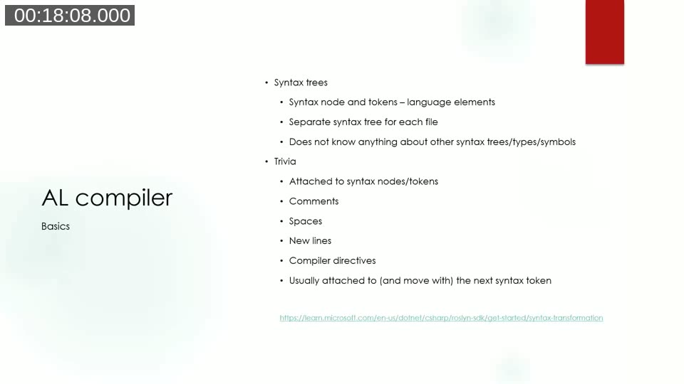Slide explaining AL compiler syntax trees, nodes, tokens, and trivia (comments, whitespace, compiler directives)