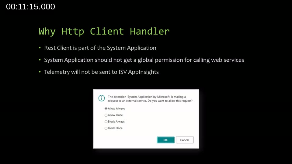 Slide explaining why a custom Http Client Handler is needed: to keep permissions and telemetry scoped to your app rather than the System Application