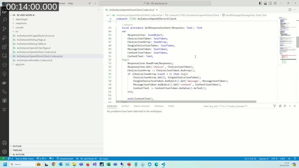 VS Code showing AL codeunit that sends a JSON chat completion request to Azure OpenAI and extracts the response text