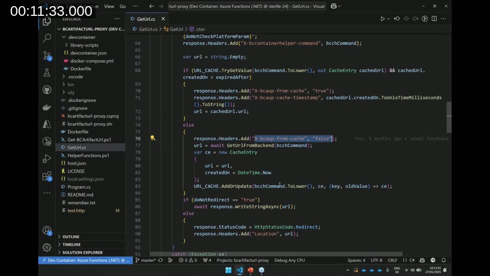 VS Code showing the cache lookup and cache population logic in GetUrl.cs — cache hit returns immediately, cache miss calls BcContainerHelper