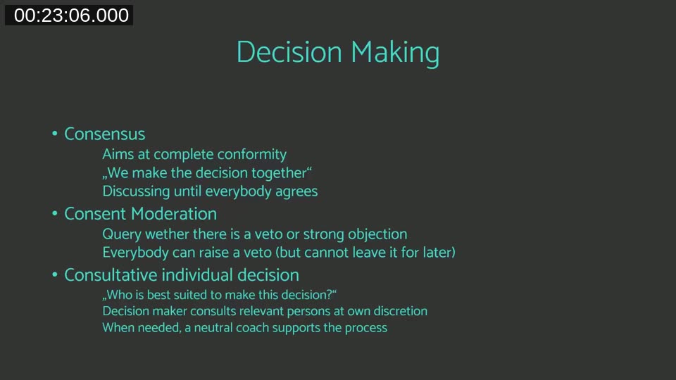 Decision making slide comparing Consensus (complete conformity, discussing until everyone agrees), Consent Moderation (query for veto or strong objection), and Consultative Individual Decision (who is best suited to decide?)