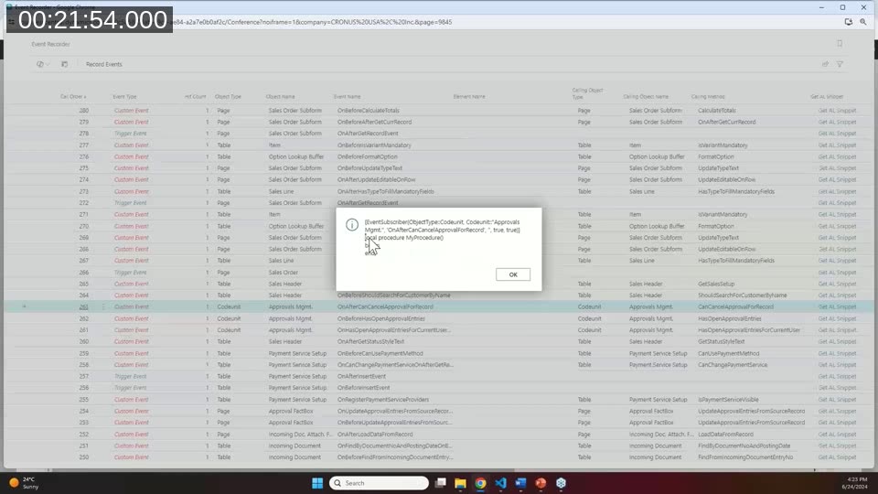 Business Central Event Recorder page showing 296 recorded events after releasing a sales order, with the Get AL Snippet popup open