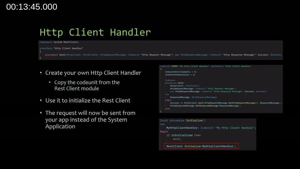 Code sample showing how to implement the Http Client Handler interface and pass it to RestClient.Initialize()