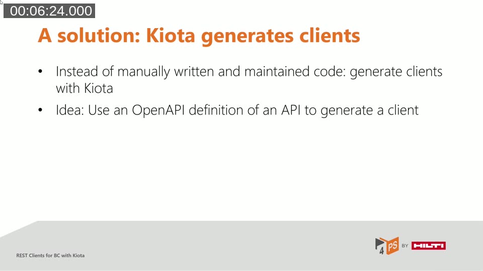 Slide titled 'A solution: Kiota generates clients' explaining that instead of manually written code, you generate clients using an OpenAPI definition