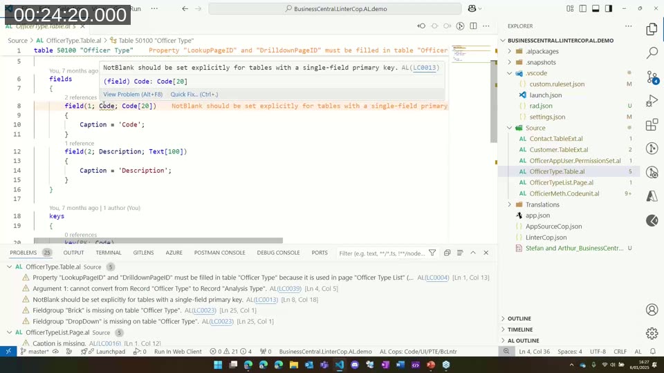 VS Code showing LinterCop warnings including NotBlank should be set explicitly and field ID conflicts between table extensions.