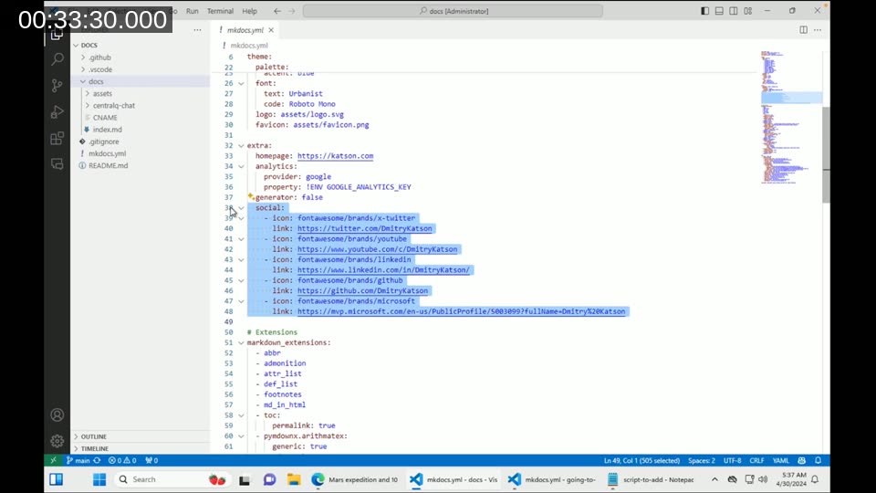 VS Code showing the mkdocs.yml file with Material theme configuration including palette, fonts, social links, and markdown extensions