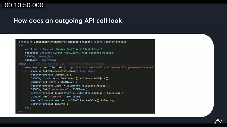 AL code slide showing a GetWeatherForecast procedure that calls an external REST endpoint and populates a WeatherForecast record with JSON data