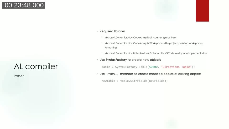 Slide listing the three required AL compiler libraries and showing SyntaxFactory.Table and table.WithFields usage