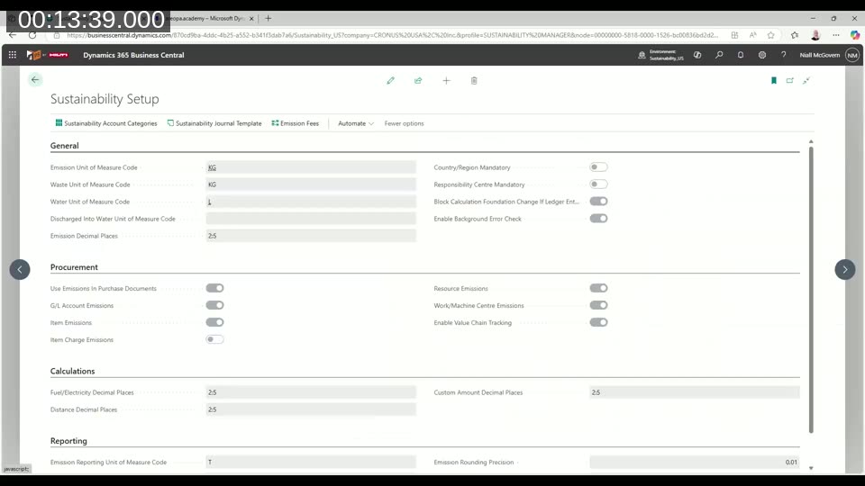 The Sustainability Setup page in Business Central showing unit of measure codes, procurement toggles, and calculation settings