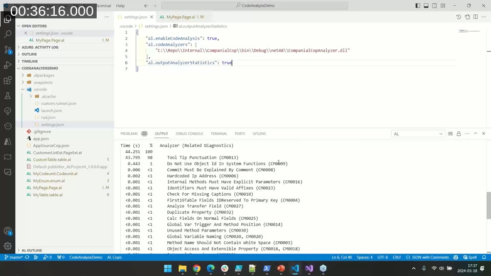 VS Code settings.json enabling al.enableCodeAnalysis, pointing al.codeAnalyzers to a custom CompanialCopAnalyzer.dll, and setting al.outputAnalyzerStatistics to true to log per-rule execution times