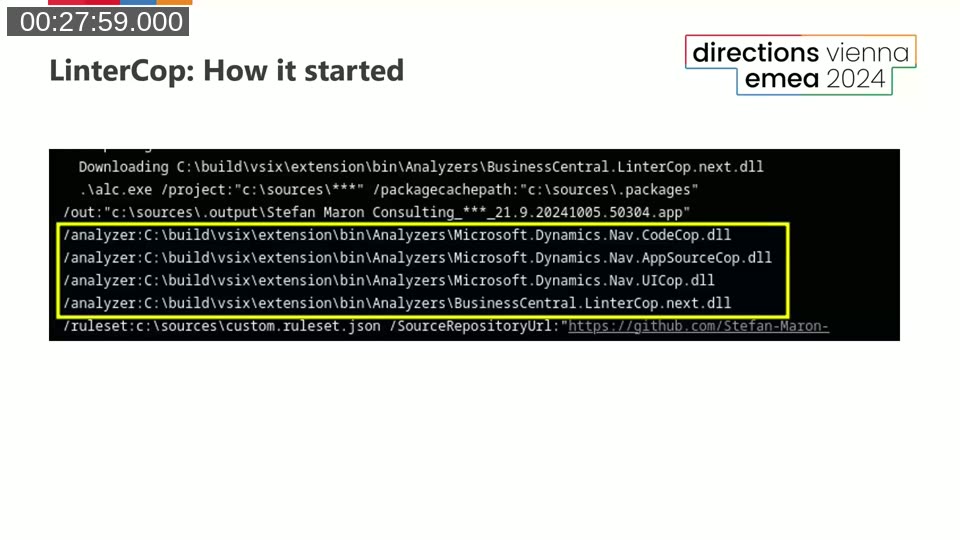 Build pipeline output showing alc.exe compiler command with multiple /analyzer parameters including the LinterCop DLL.