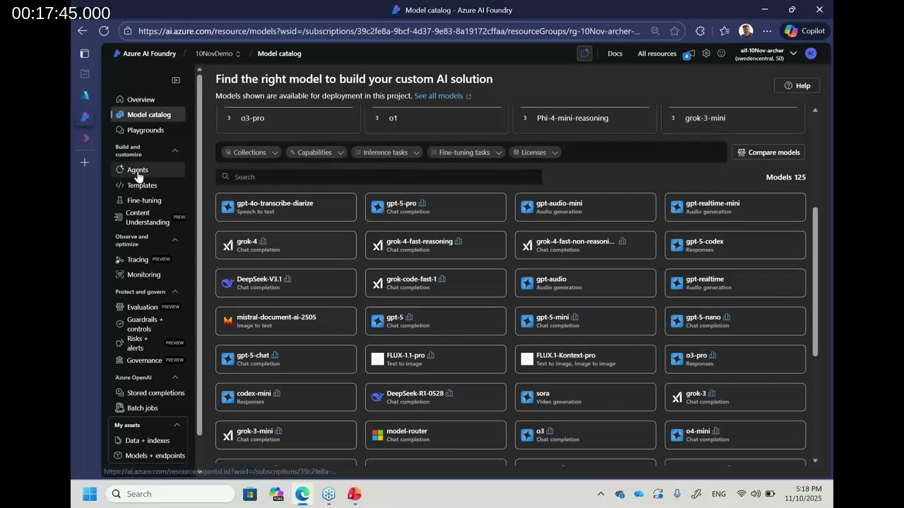 Azure AI Foundry portal showing the model catalog with 125 available models including GPT-5, o3-pro, o1, Phi-4-mini-reasoning, grok-3-mini, DeepSeek, Sora, and others