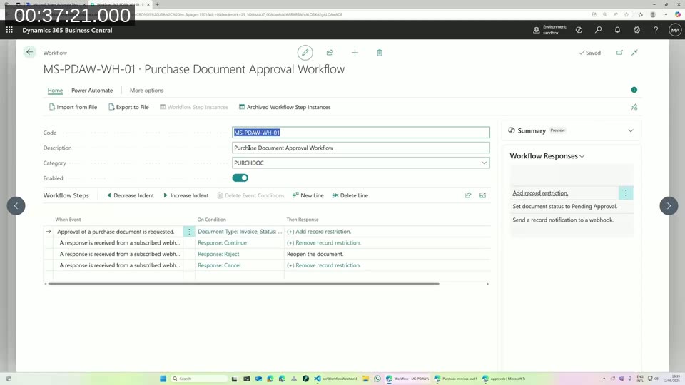 Business Central Purchase Document Approval Workflow page showing workflow steps for invoice approval, rejection, and cancellation responses