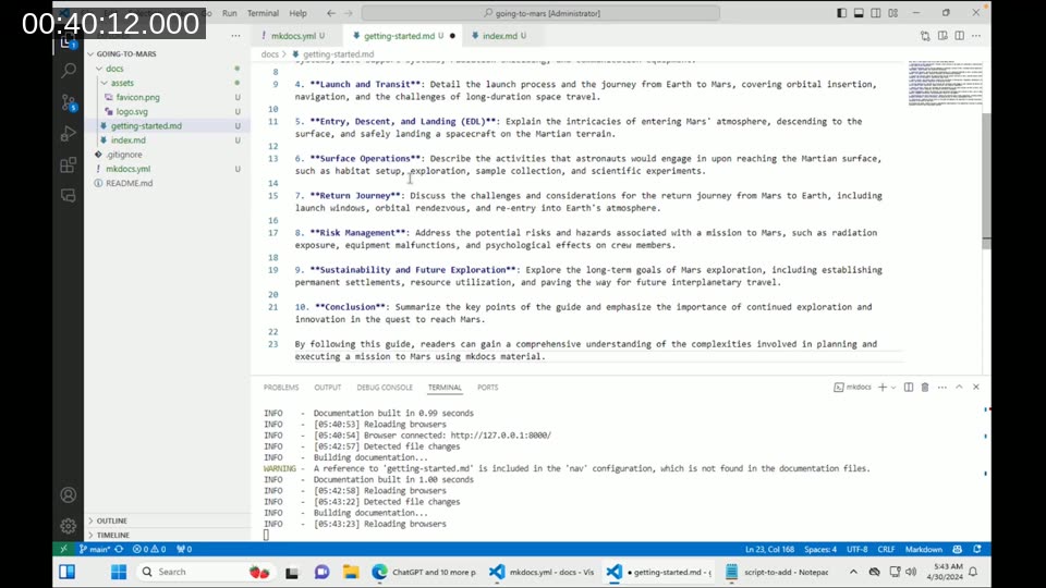 VS Code showing ChatGPT-generated Markdown content pasted into getting-started.md, with structured sections for a Mars expedition guide