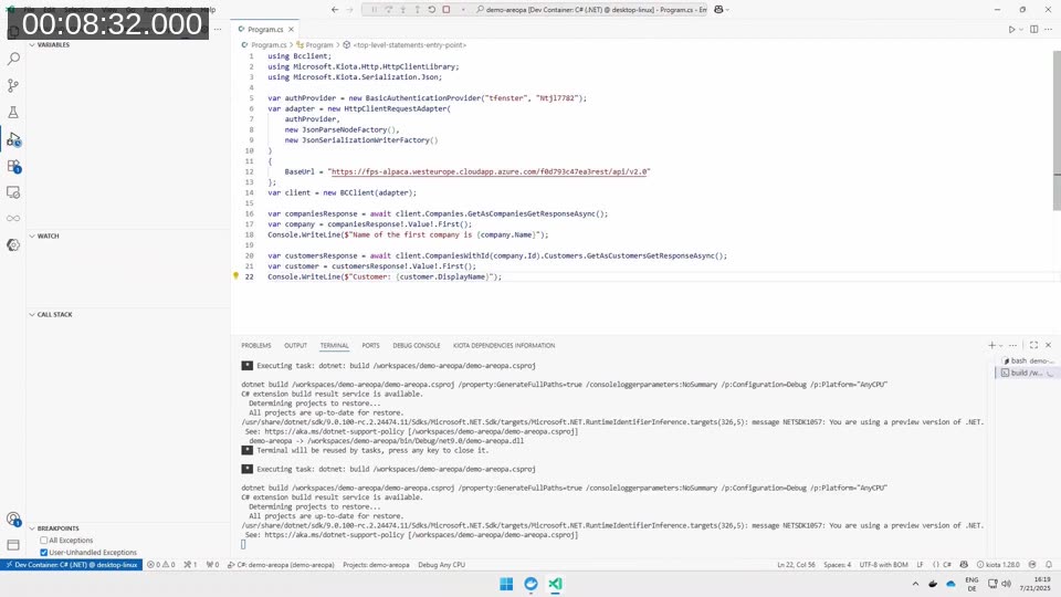 VS Code showing a C# console application using a Kiota-generated BC client to query companies and customers with strongly typed dot-notation access