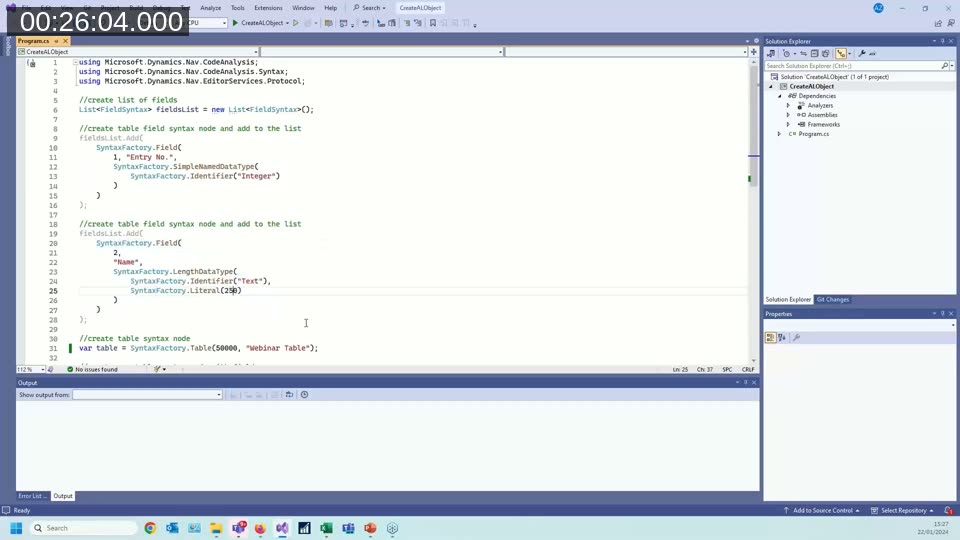 Visual Studio C# project that uses SyntaxFactory to construct a new AL table with two fields