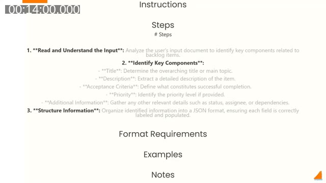 Slide showing the five components of a good prompt: Instructions, Steps, Format Requirements, Examples, Notes