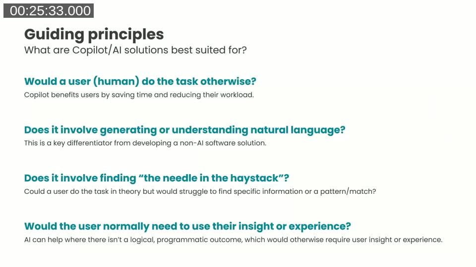 Slide listing four guiding principles for identifying good AI use cases: Would a user do the task otherwise, does it involve natural language, does it involve finding a needle in the haystack, and would a user need insight or experience