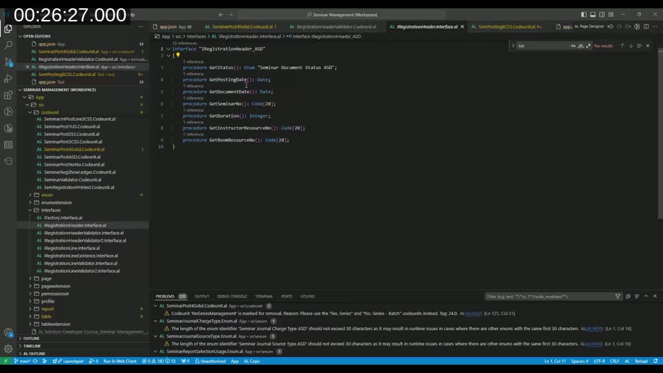 AL code showing the IRegistrationHeader interface definition with procedures GetStatus, GetPostingDate, GetDocumentDate, GetSeminarNo, GetDuration, GetInstructorResourceNo, and GetRoomResourceNo