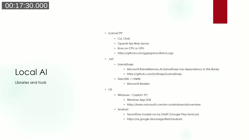 Slide listing local AI libraries and tools: LlamaCPP with CLI and OpenAI-compatible web server, LlamaSharp and DirectML+ONNX for .NET, and OS-level AI on Windows Copilot+ PCs and Android