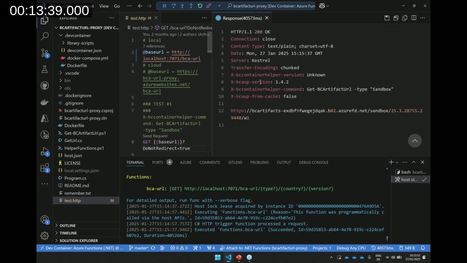VS Code with the test.http file and the HTTP response showing a 40-second initial artifact URL fetch with cache miss headers