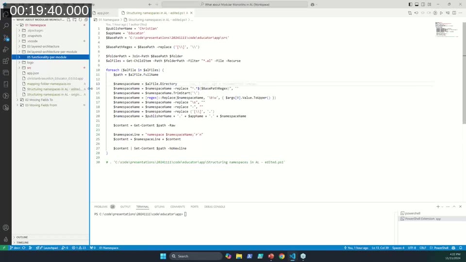 VS Code showing the Educator app folder structure with namespaces applied per folder using a PowerShell script