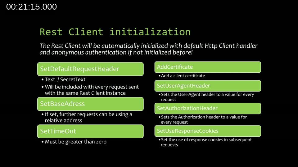 Slide listing all Rest Client initialization options: SetDefaultRequestHeader, SetBaseAddress, SetTimeOut, AddCertificate, SetUserAgentHeader, SetAuthorizationHeader, SetUseResponseCookies