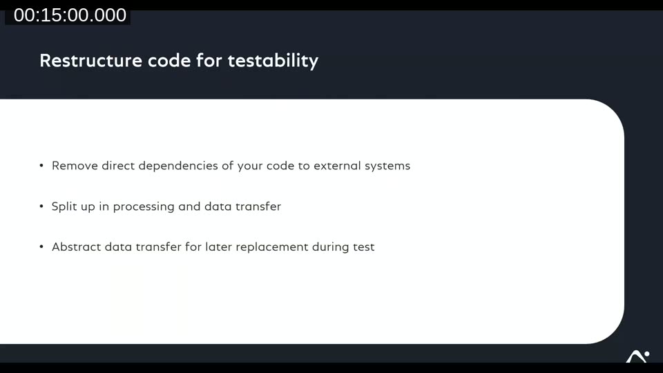 Slide explaining how to restructure code for testability: remove direct dependencies, split processing from data transfer, and abstract data transfer for replacement during tests