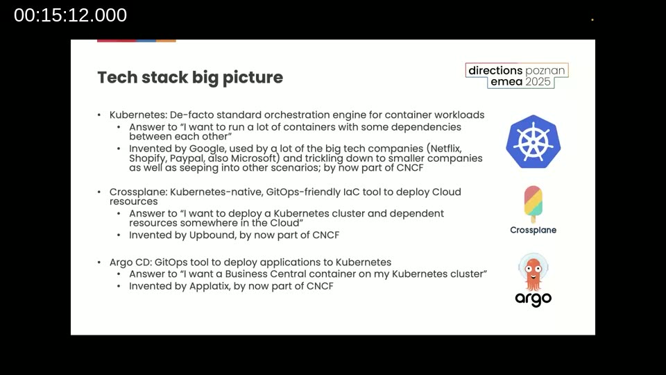 Tech stack overview slide showing Kubernetes, Crossplane, and Argo CD with their logos