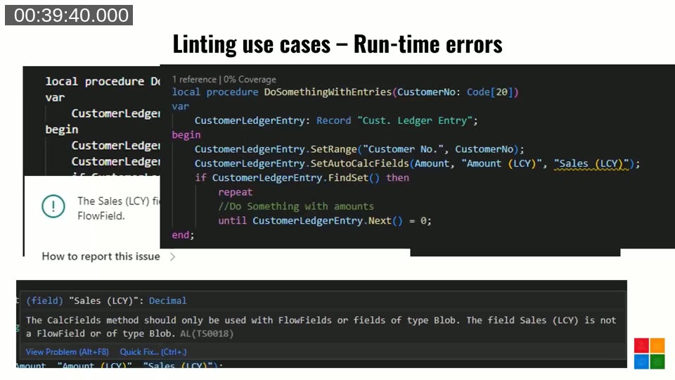 Slide titled Linting use cases - Run-time errors showing an AL procedure calling SetAutoCalcFields on Sales (LCY) and the resulting compile-time warning that the field must be a FlowField